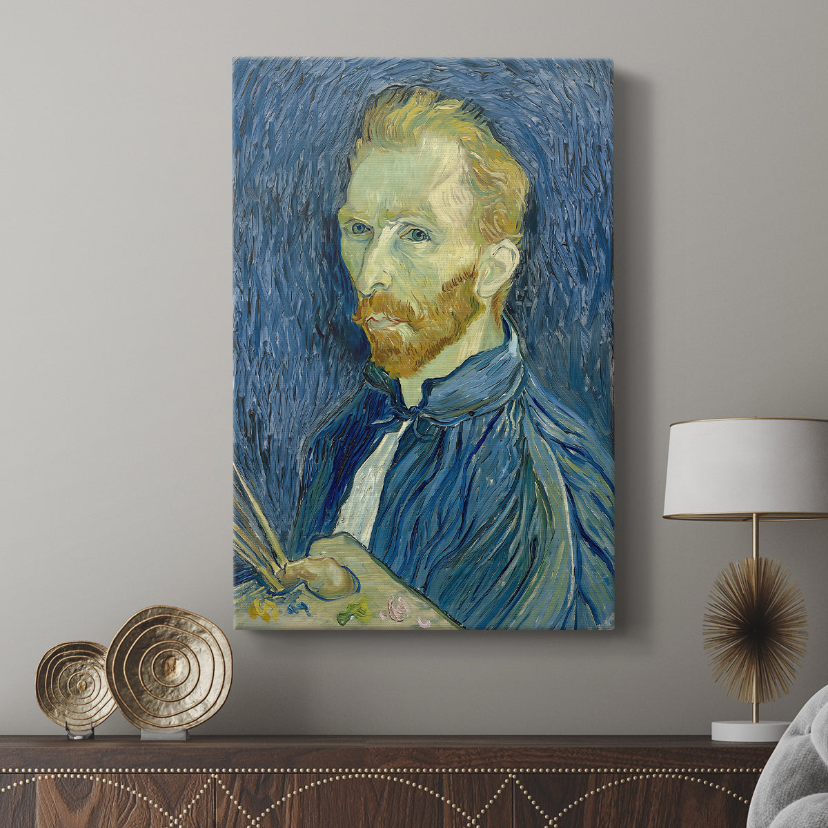 Canvas art print featuring a stylized face with strong contrast and painterly detail displayed in a modern interior space.