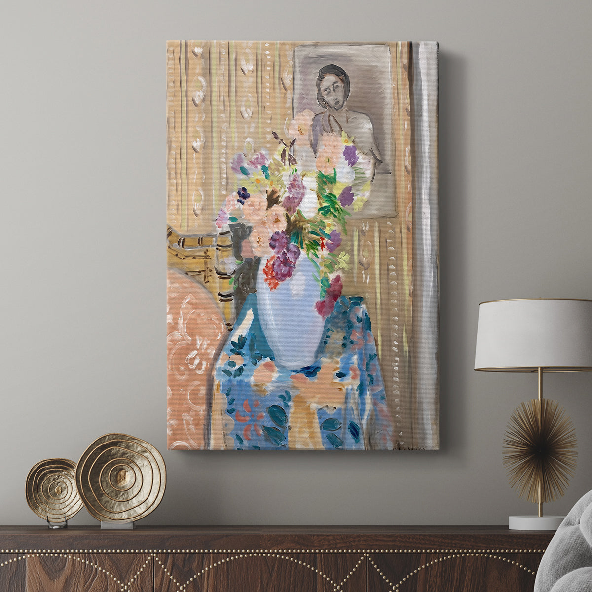 Canvas art print featuring a decorative scene combining still life and portrait elements displayed in a modern interior space.