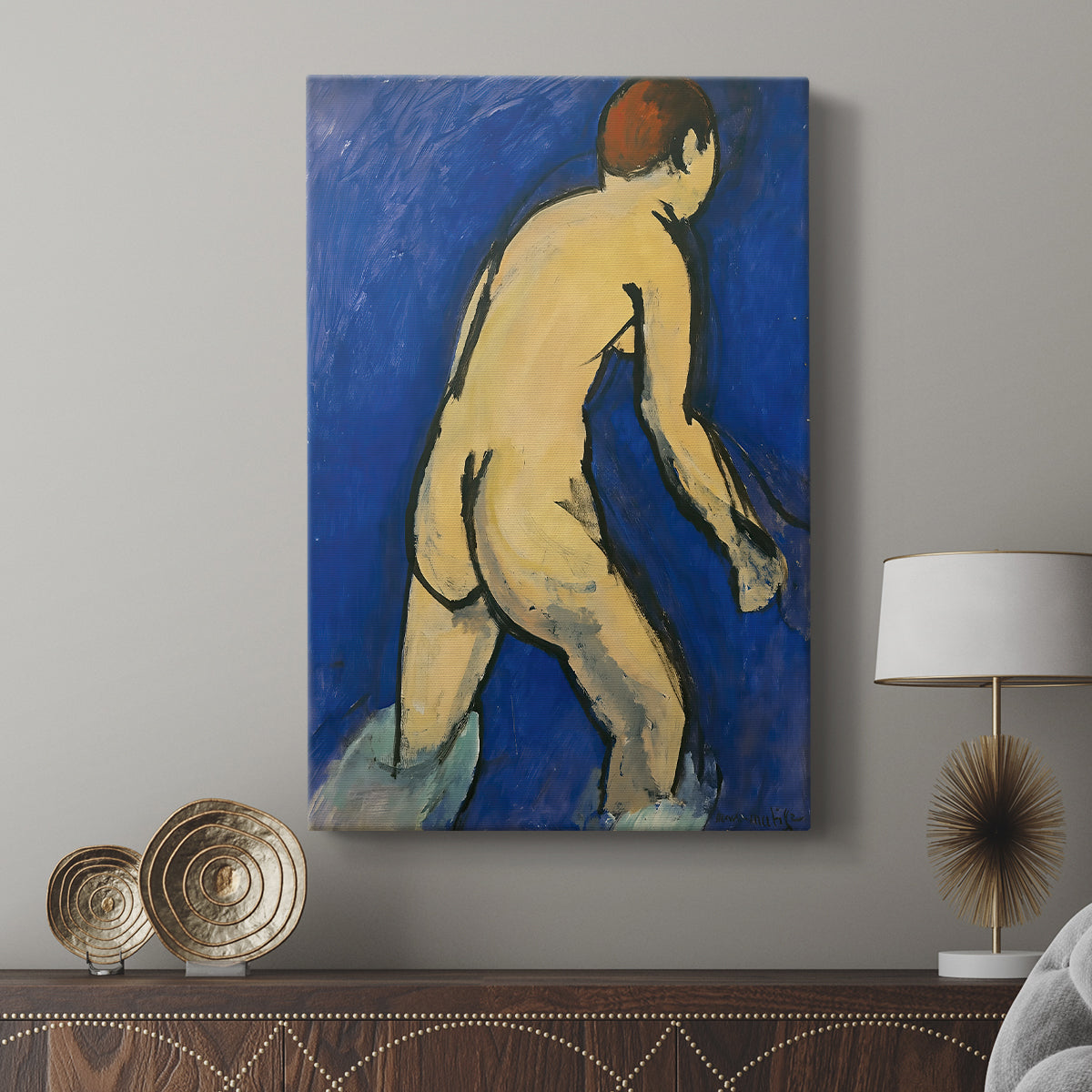 Canvas art print featuring a modern figure study with minimal detail and strong color displayed in a modern interior space.
