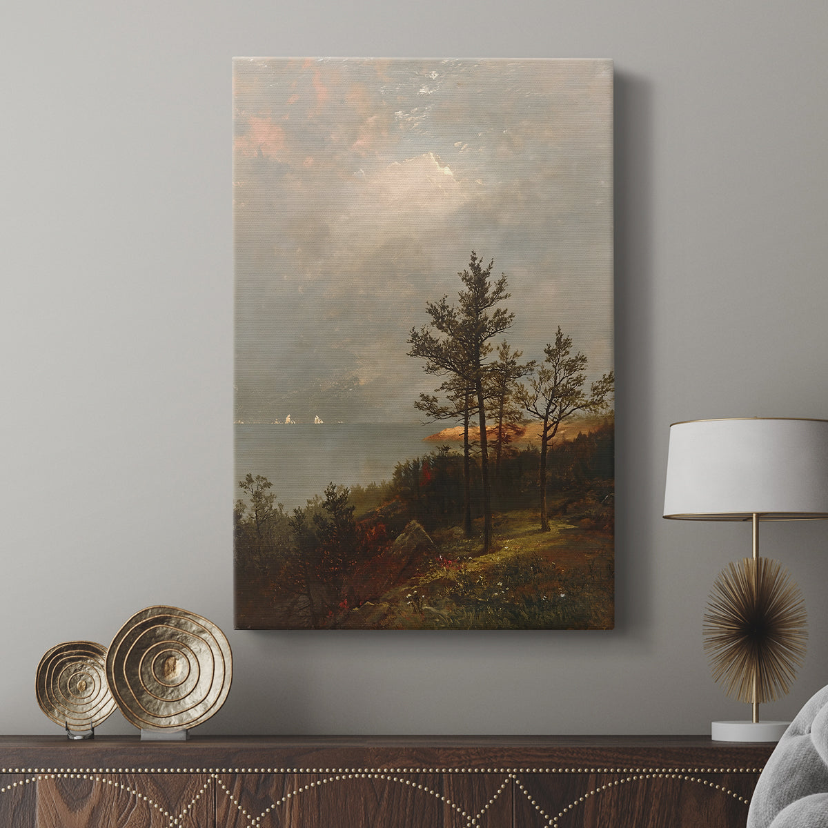 Canvas art print featuring a moody landscape with subtle light and distant horizon displayed in a modern interior space.