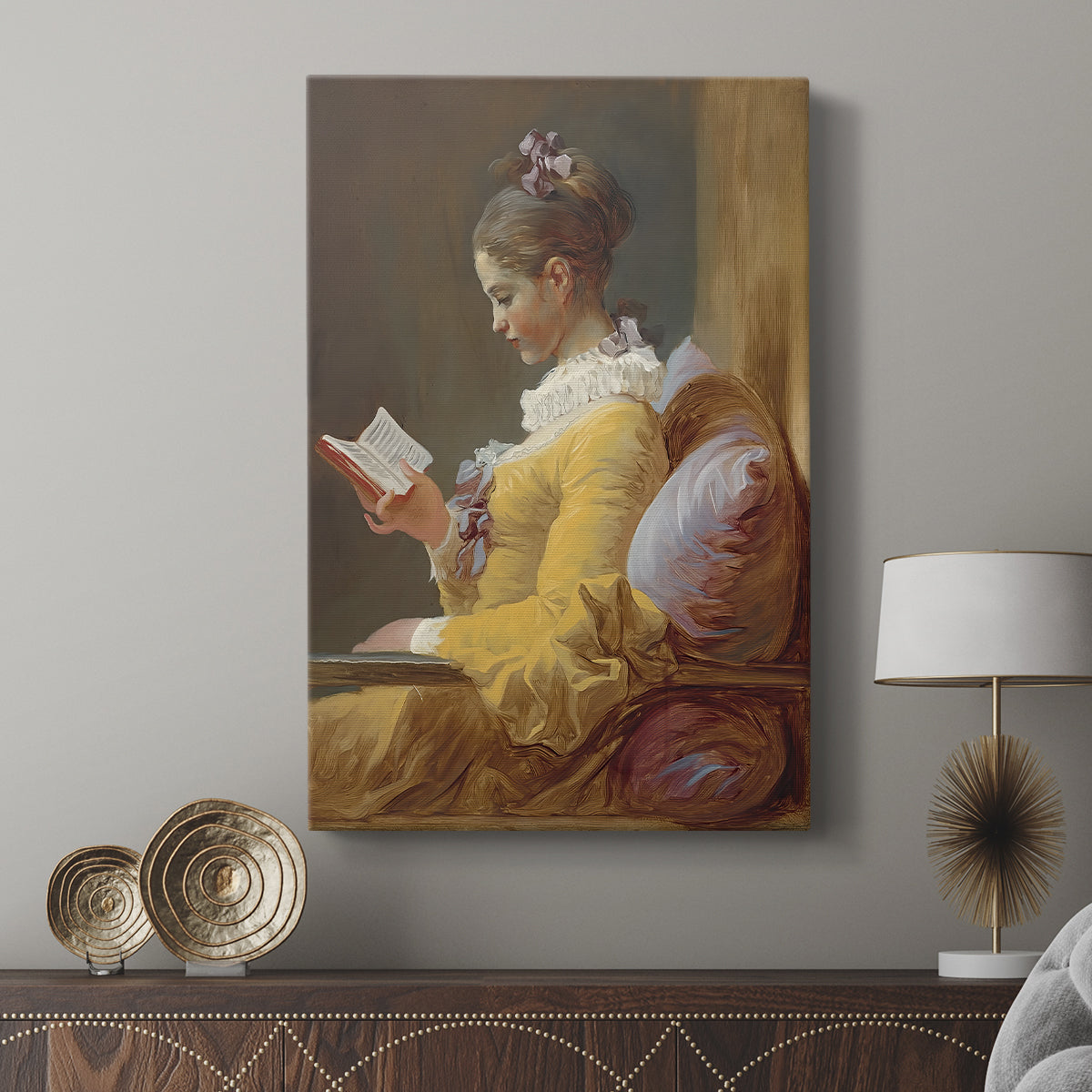 Canvas art print featuring a quiet composition with gentle expression and pastel color displayed in a modern interior space.