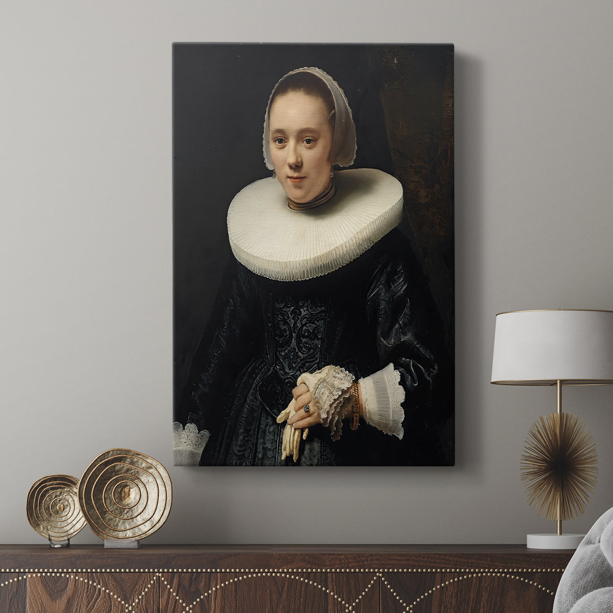 Canvas art print featuring a composed portrait with subtle contrast and texture displayed in a modern interior space.