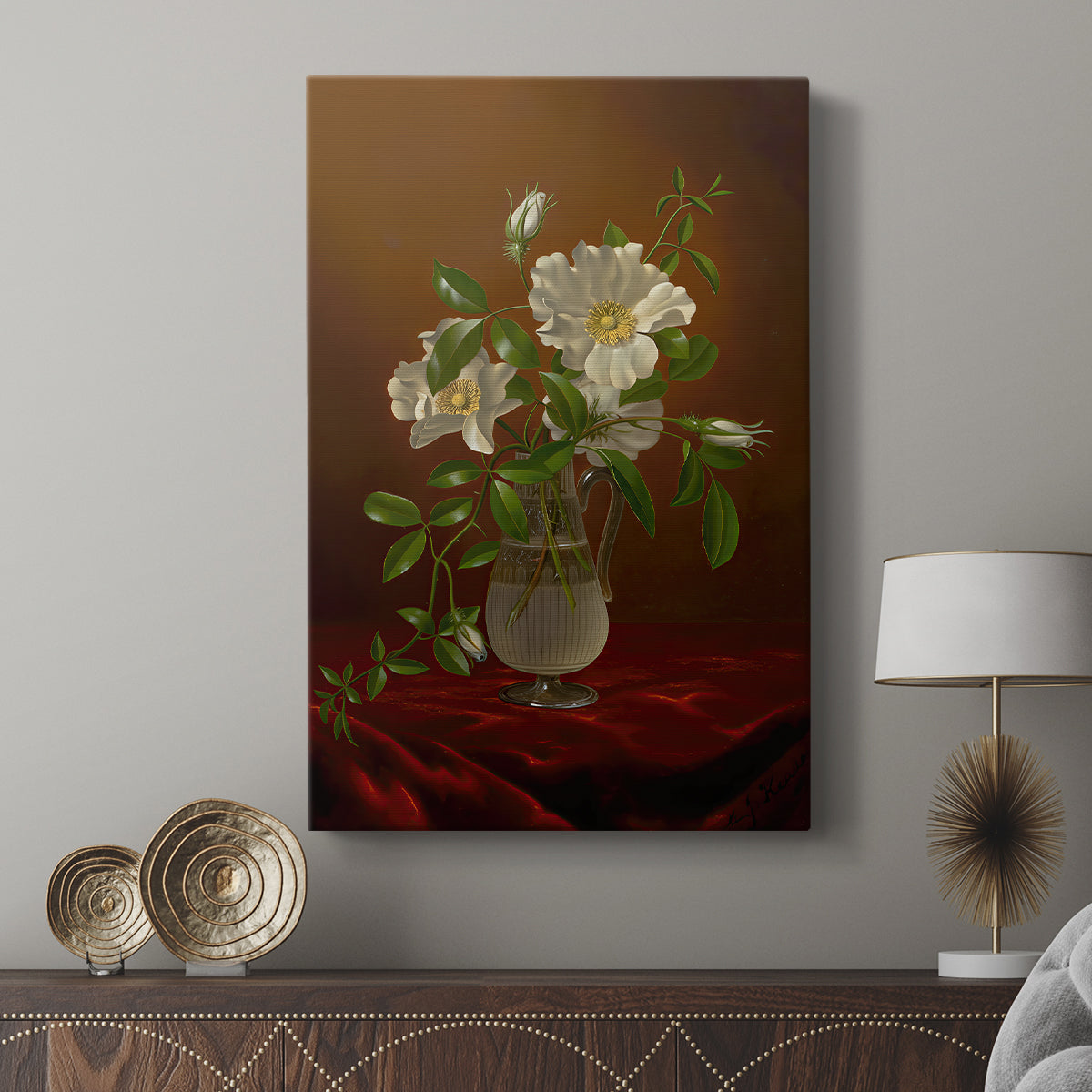Canvas art print featuring a refined composition with blossoms and transparent glass displayed in a modern interior space.