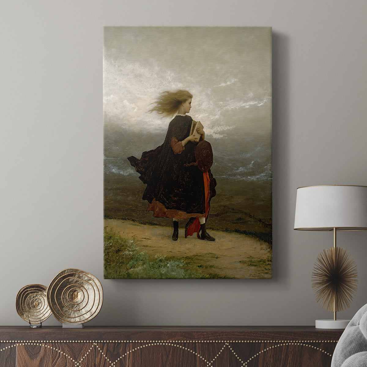 Canvas art print featuring a reflective portrait with simple background and calm mood displayed in a modern interior space.