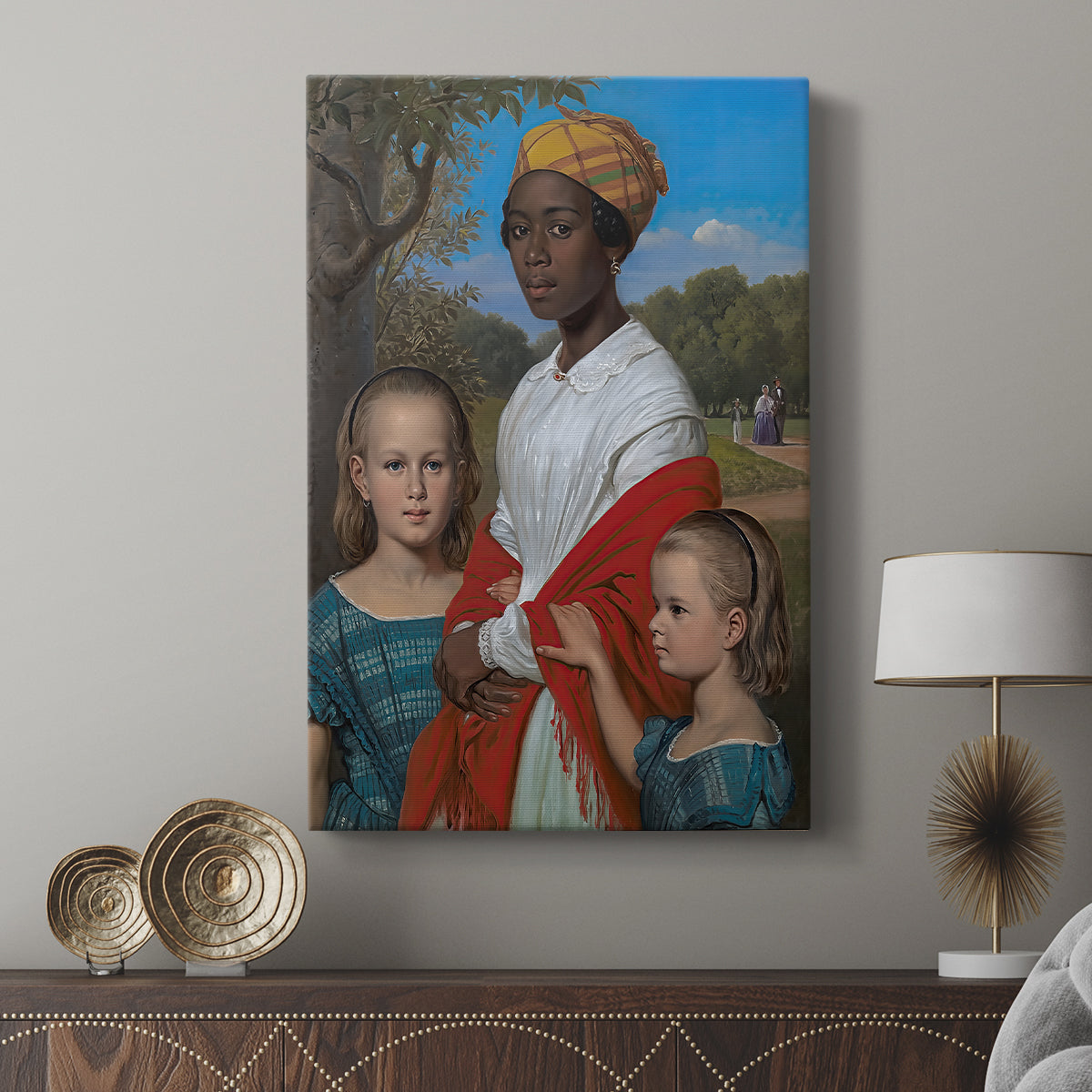 Canvas art print featuring a composed image with multiple figures and gentle tones displayed in a modern interior space.