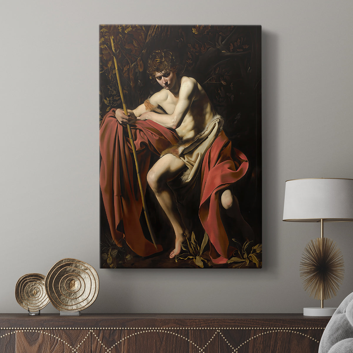 Canvas art print featuring a religious figure in shadow with soft highlights displayed in a modern interior space.