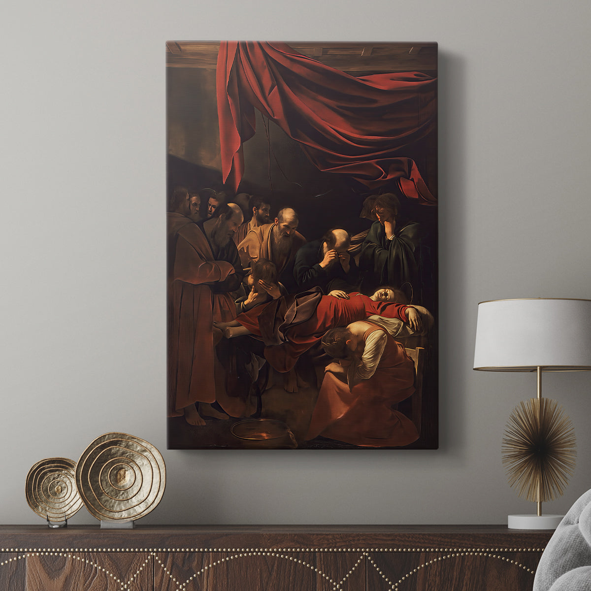 Canvas art print featuring a solemn religious composition with rich shadows and deep tones displayed in a modern interior space.