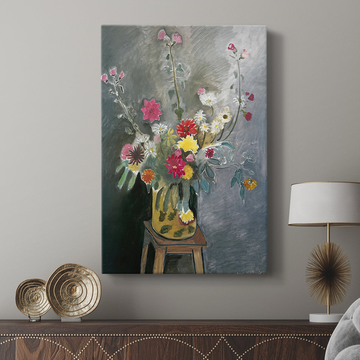 Canvas art print featuring a decorative bouquet with layered petals and bright palette displayed in a modern interior space.