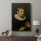 Canvas art print featuring a composed portrait with warm tones and classical detail displayed in a modern interior space.