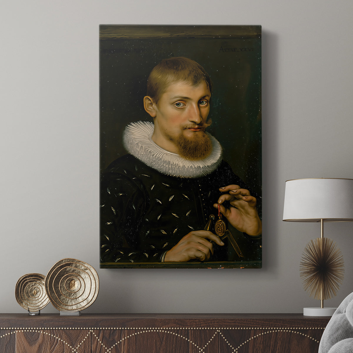 Canvas art print featuring a composed portrait with warm tones and classical detail displayed in a modern interior space.
