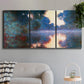 Three-panel canvas wall art featuring misty river surface at dawn, displayed in a modern living room above a sofa.