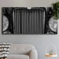 Three-panel canvas wall art featuring vintage car grille detail, displayed in a modern living room above a sofa.