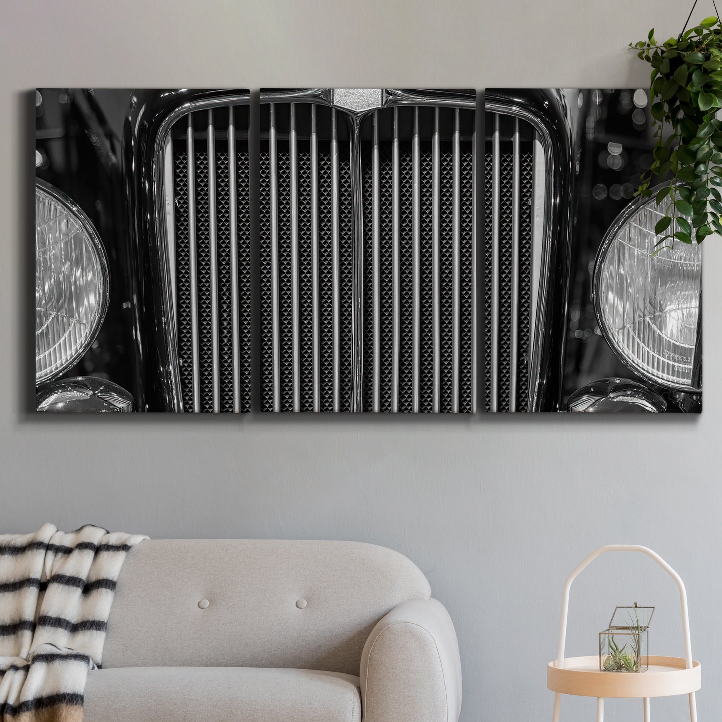 Three-panel canvas wall art featuring vintage car grille detail, displayed in a modern living room above a sofa.