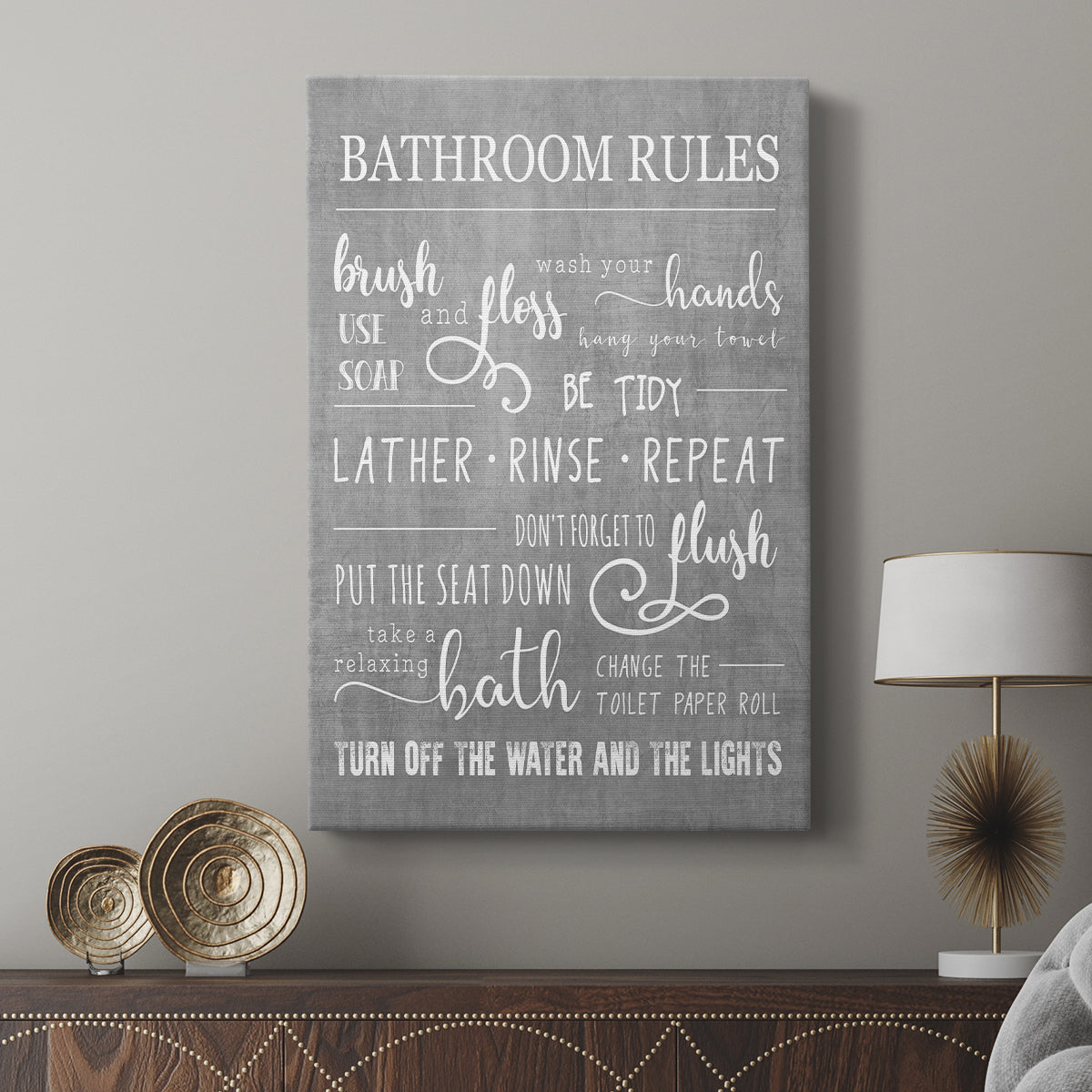 Neutral Bathroom Rules - Canvas Art Print