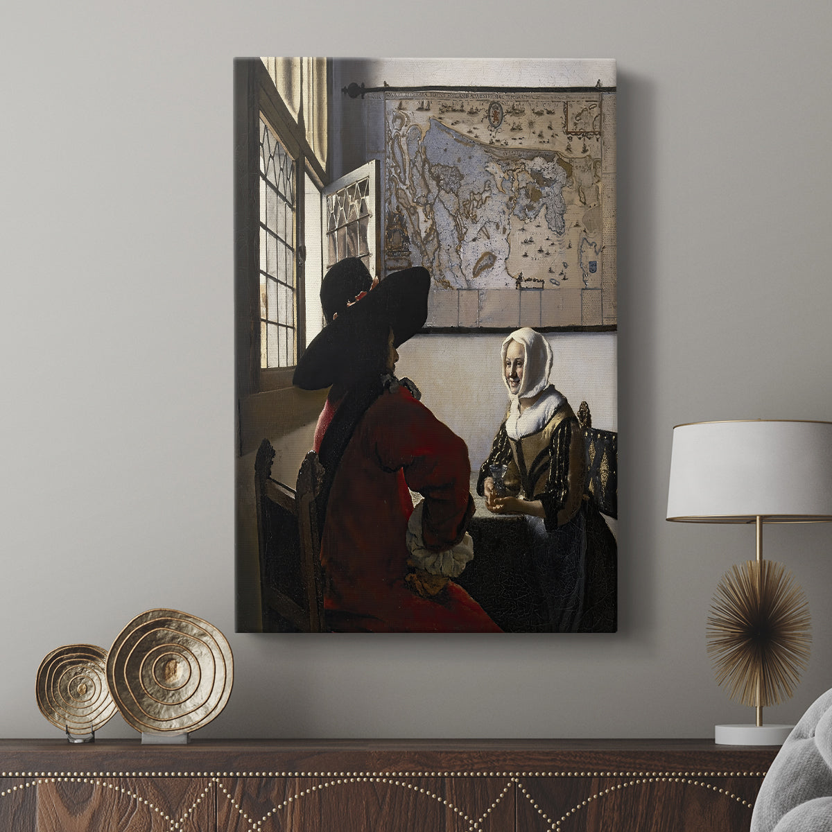 Canvas art print featuring a composed interaction with warm tones and detail displayed in a modern interior space.