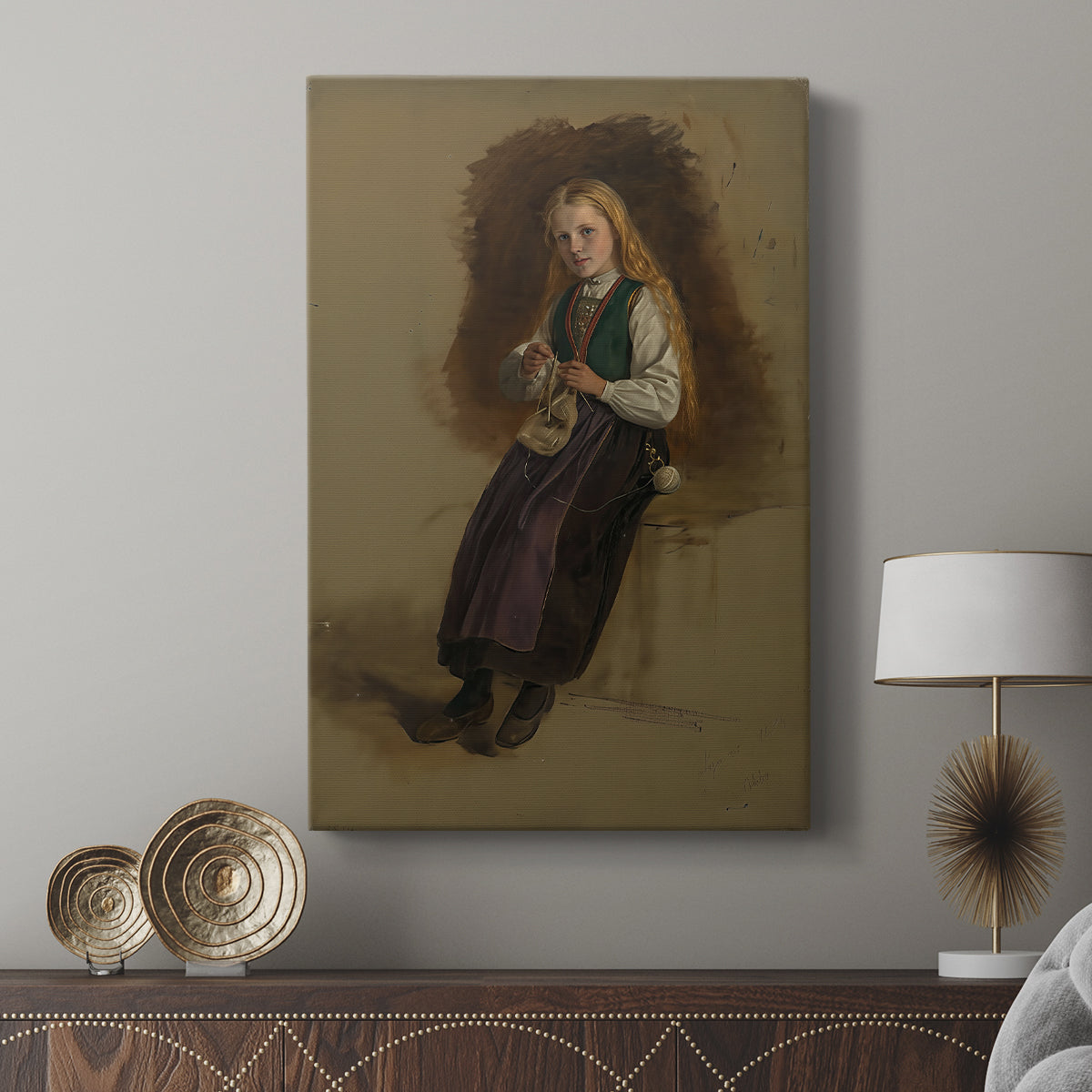 Canvas art print featuring a Scandinavian portrait of a woman in traditional clothing with warm subdued tones displayed in a modern interior space.