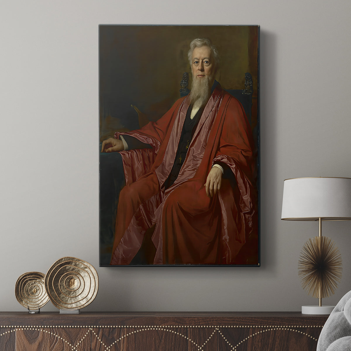Canvas art print featuring a classic portrait with composed expression and subtle tones displayed in a modern interior space.