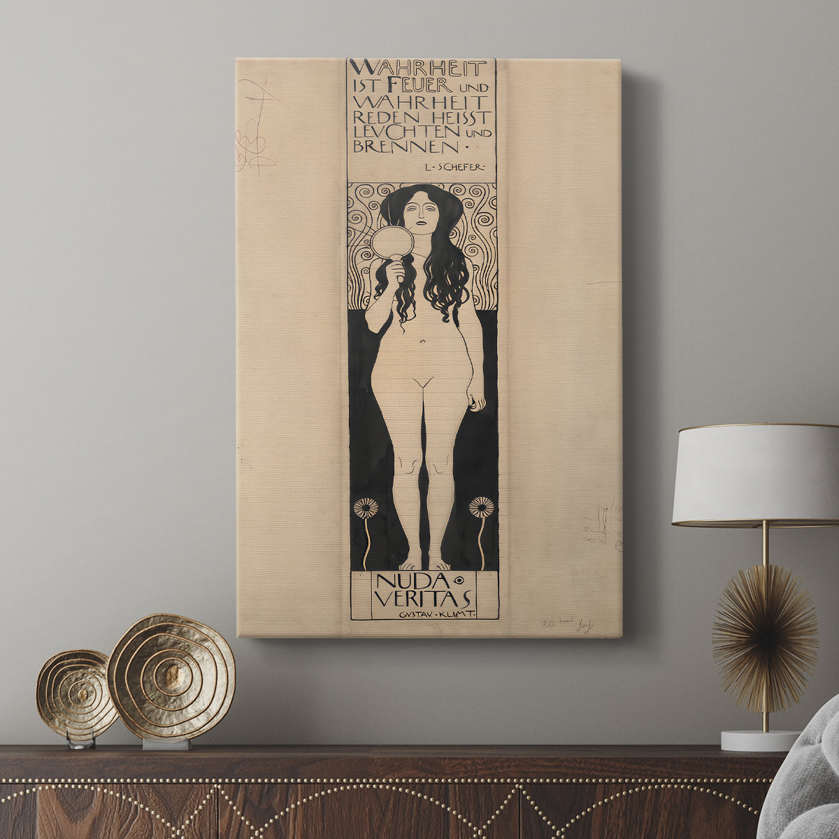 Canvas art print featuring a symbolic composition with a nude figure and patterned background displayed in a modern interior space.