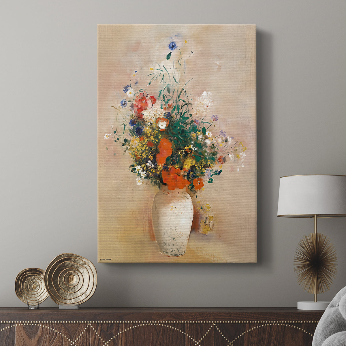 Canvas art print featuring a calm composition with blooms and gentle shading displayed in a modern interior space.