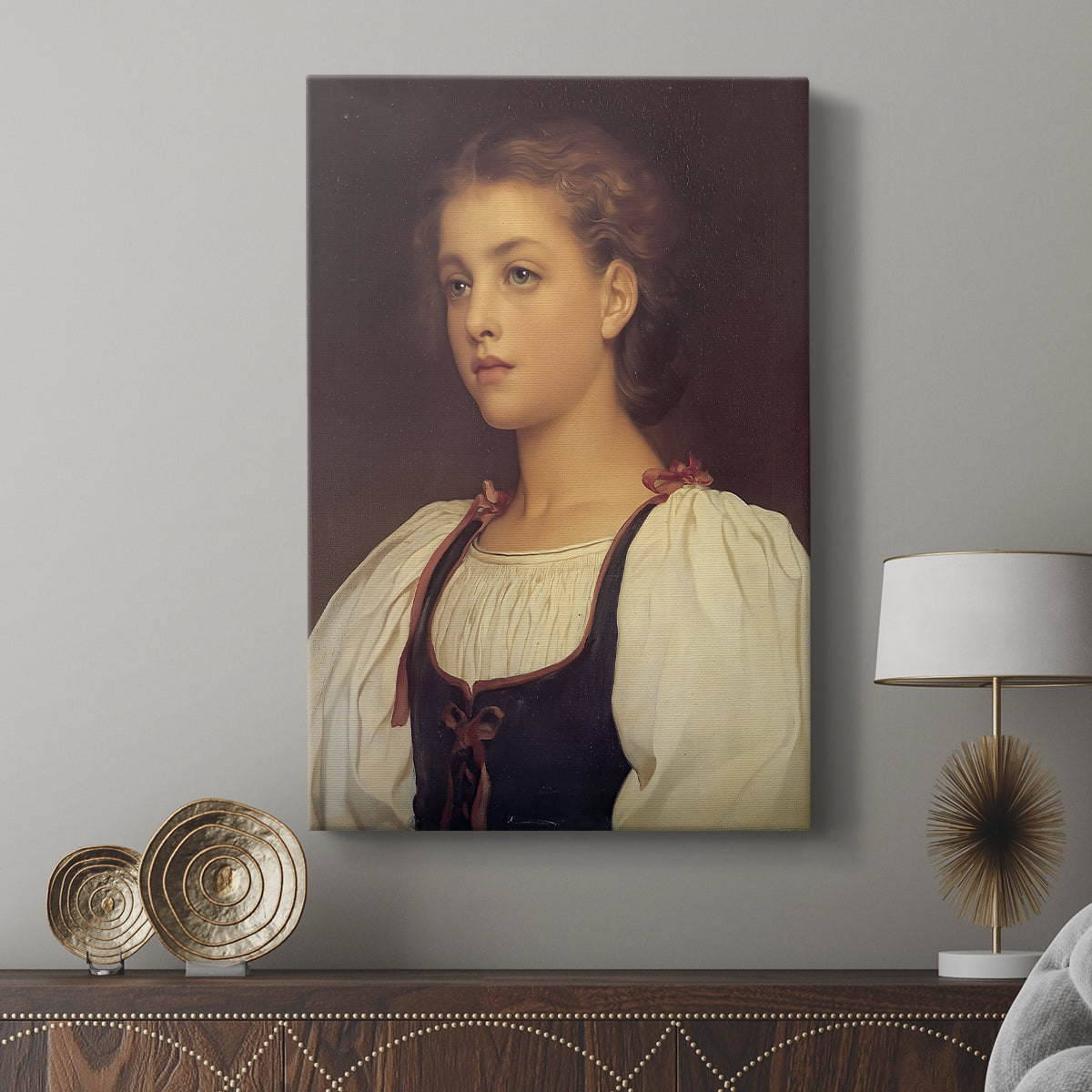 Canvas art print featuring a refined figure with subtle color and minimal background displayed in a modern interior space.