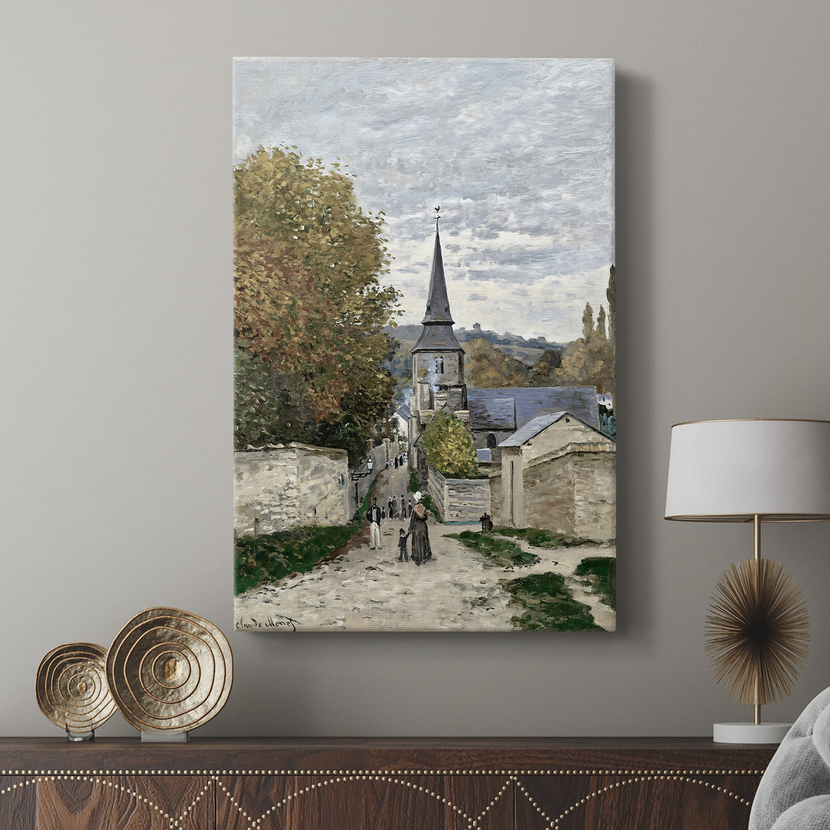 Canvas art print featuring a quiet urban scene with buildings and subtle activity displayed in a modern interior space.