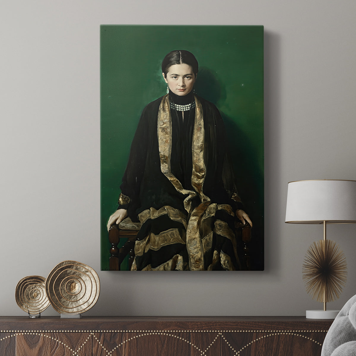 Canvas art print featuring a traditional portrait with minimal background and soft light displayed in a modern interior space.