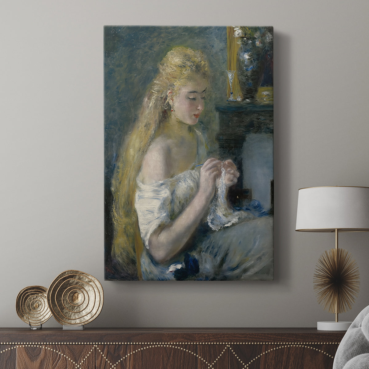 Canvas art print featuring a calm domestic scene with gentle brushwork and muted tones displayed in a modern interior space.