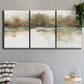 Three-panel canvas wall art featuring soft abstract mirrored reflections, displayed in a modern living room above a sofa.