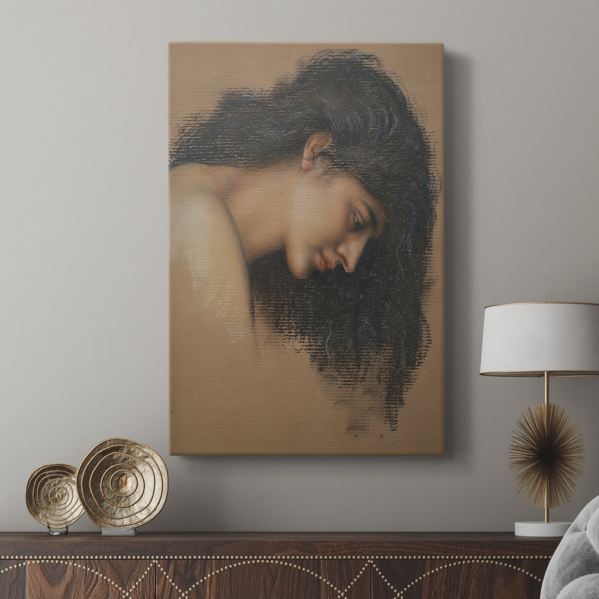 Canvas art print featuring a refined head study with gentle color transitions displayed in a modern interior space.