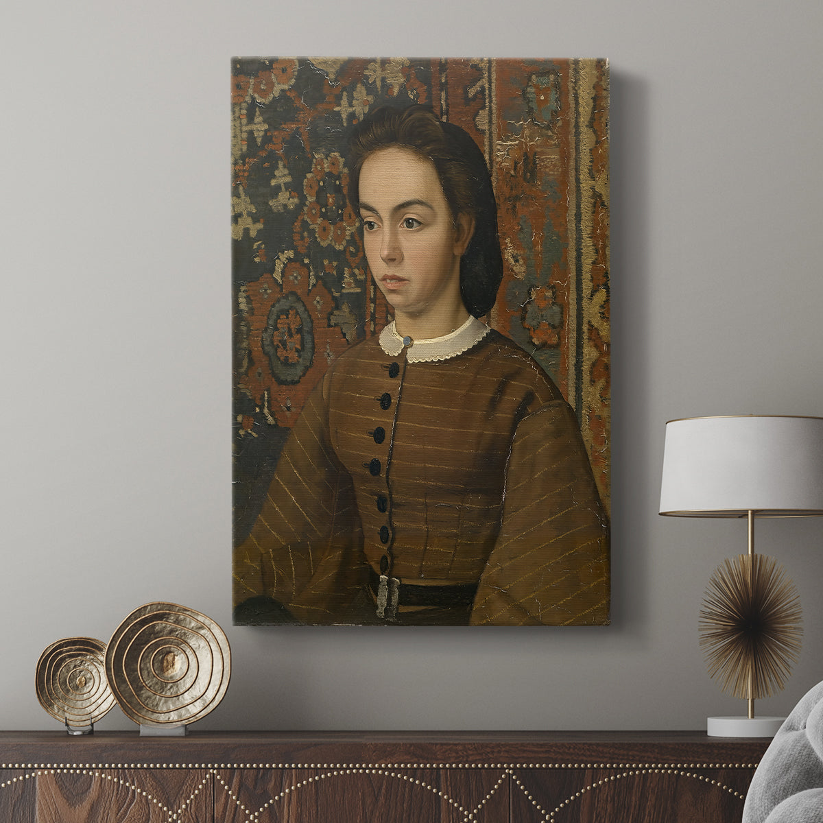 Canvas art print featuring a classic portrait with gentle light and minimal background displayed in a modern interior space.