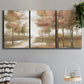 Three-panel canvas wall art featuring soft pastel park landscape scene, displayed in a modern living room above a sofa.