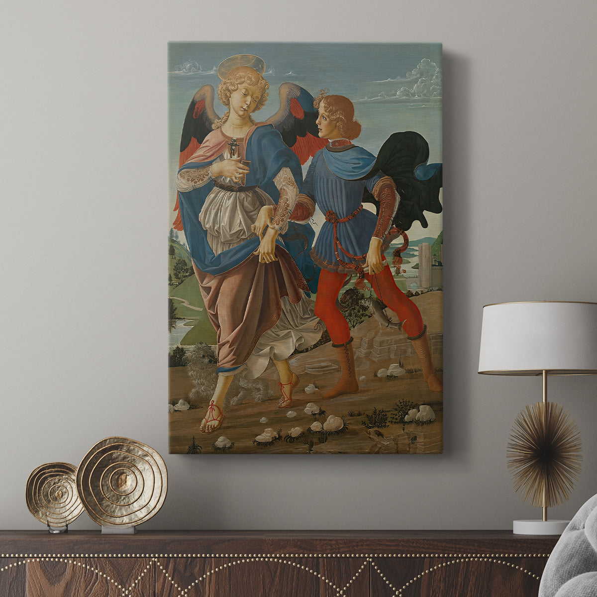 Canvas art print featuring a refined scene with gentle tones and classical structure displayed in a modern interior space.