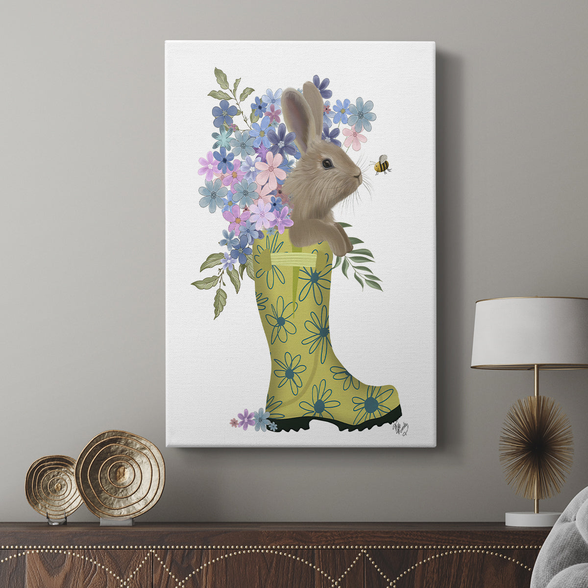 Welly Bunny And Bee - Canvas Art Print