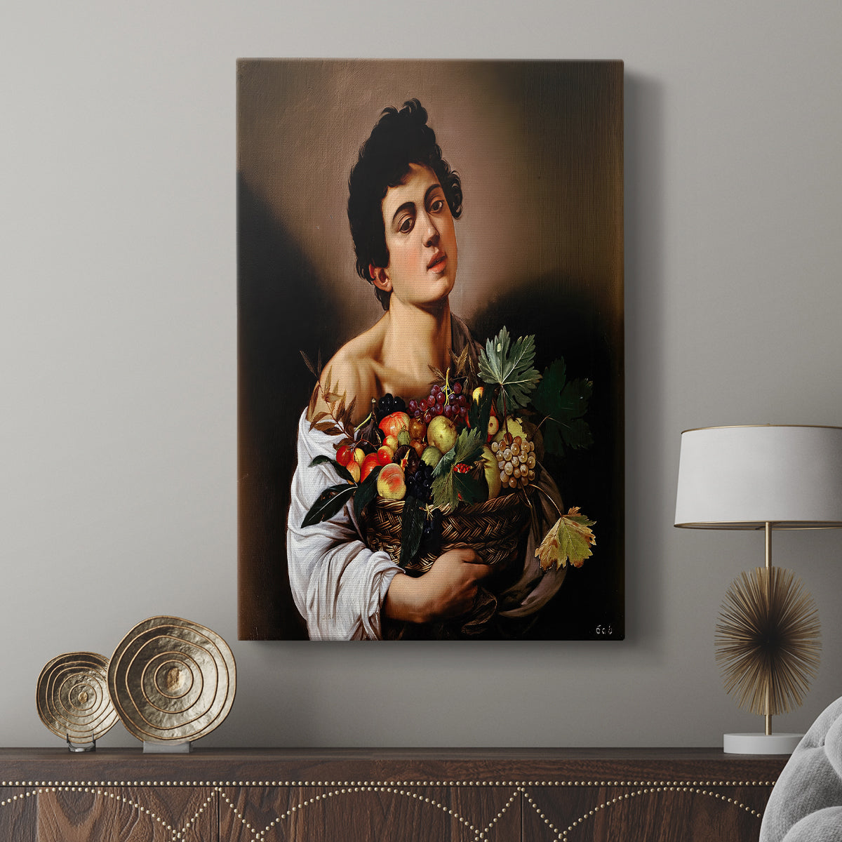 Canvas art print featuring a still life and portrait combination with rich tones displayed in a modern interior space.