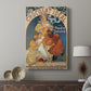 Canvas art print featuring a decorative print featuring a woman with flowing hair and soft tones displayed in a modern interior space.