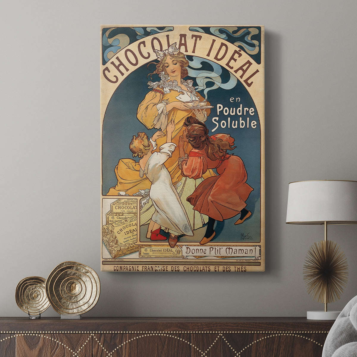 Canvas art print featuring a decorative print featuring a woman with flowing hair and soft tones displayed in a modern interior space.