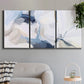 Three-panel canvas wall art featuring airy abstract movement composition, displayed in a modern living room above a sofa.