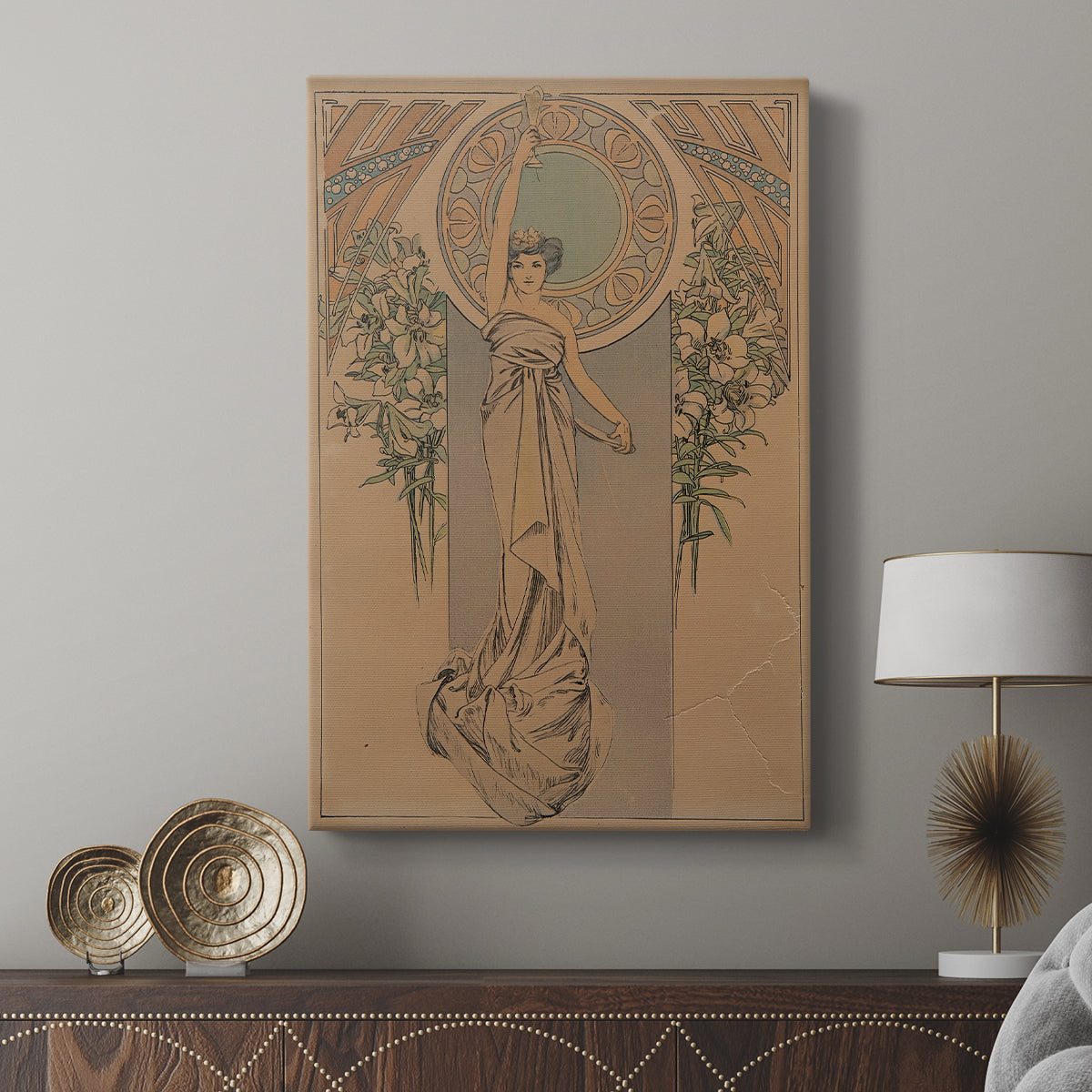Canvas art print featuring a decorative print with intricate borders and soft tones displayed in a modern interior space.