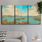 Three-panel canvas wall art featuring abstract pond scene with reflections, displayed in a modern living room above a sofa.