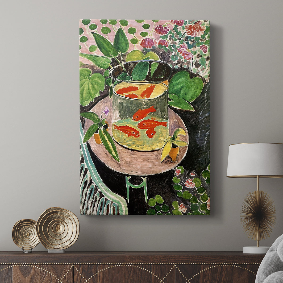 Canvas art print featuring a stylized still life with bold shapes and warm tones displayed in a modern interior space.