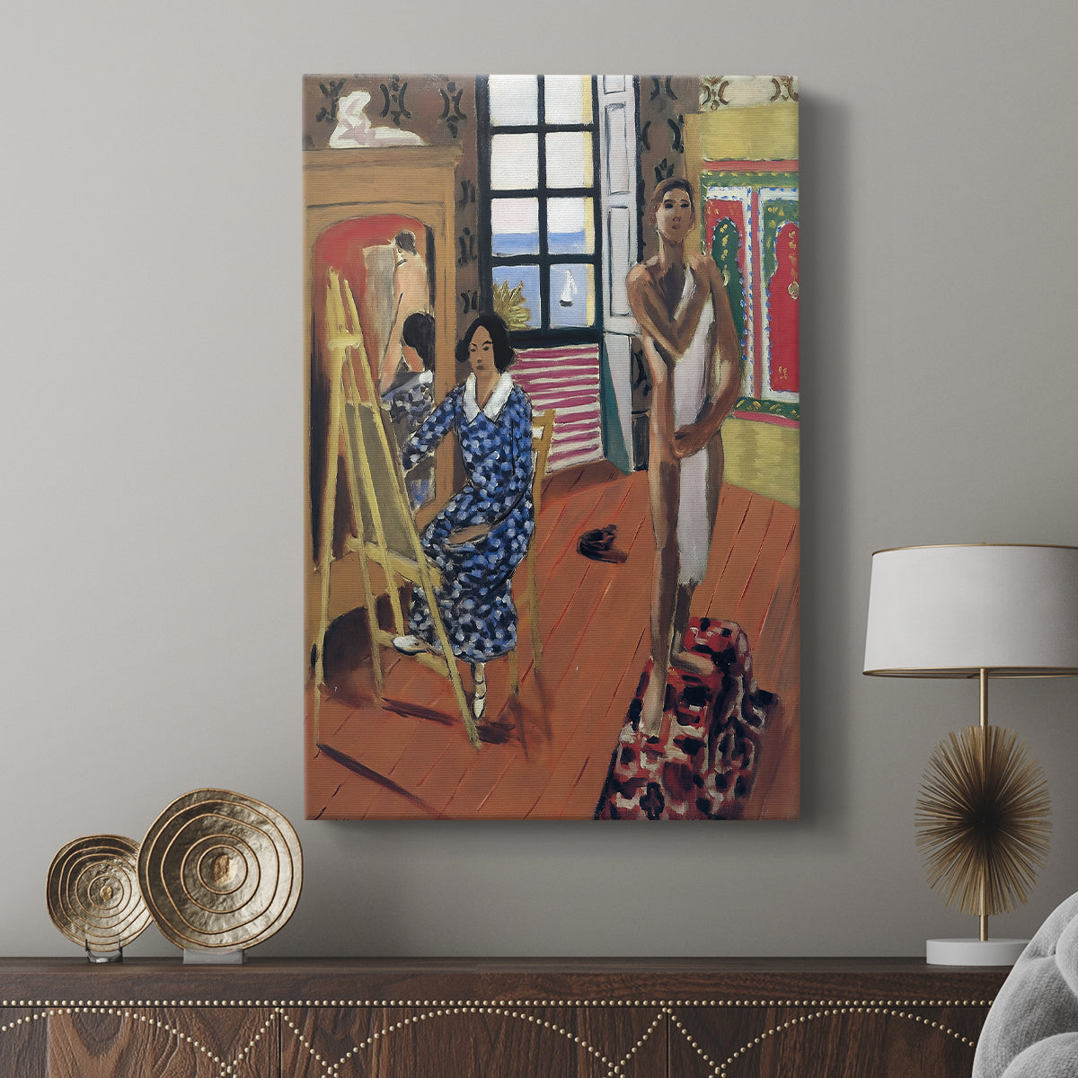 Canvas art print featuring a vivid interior with layered patterns and color blocks displayed in a modern interior space.
