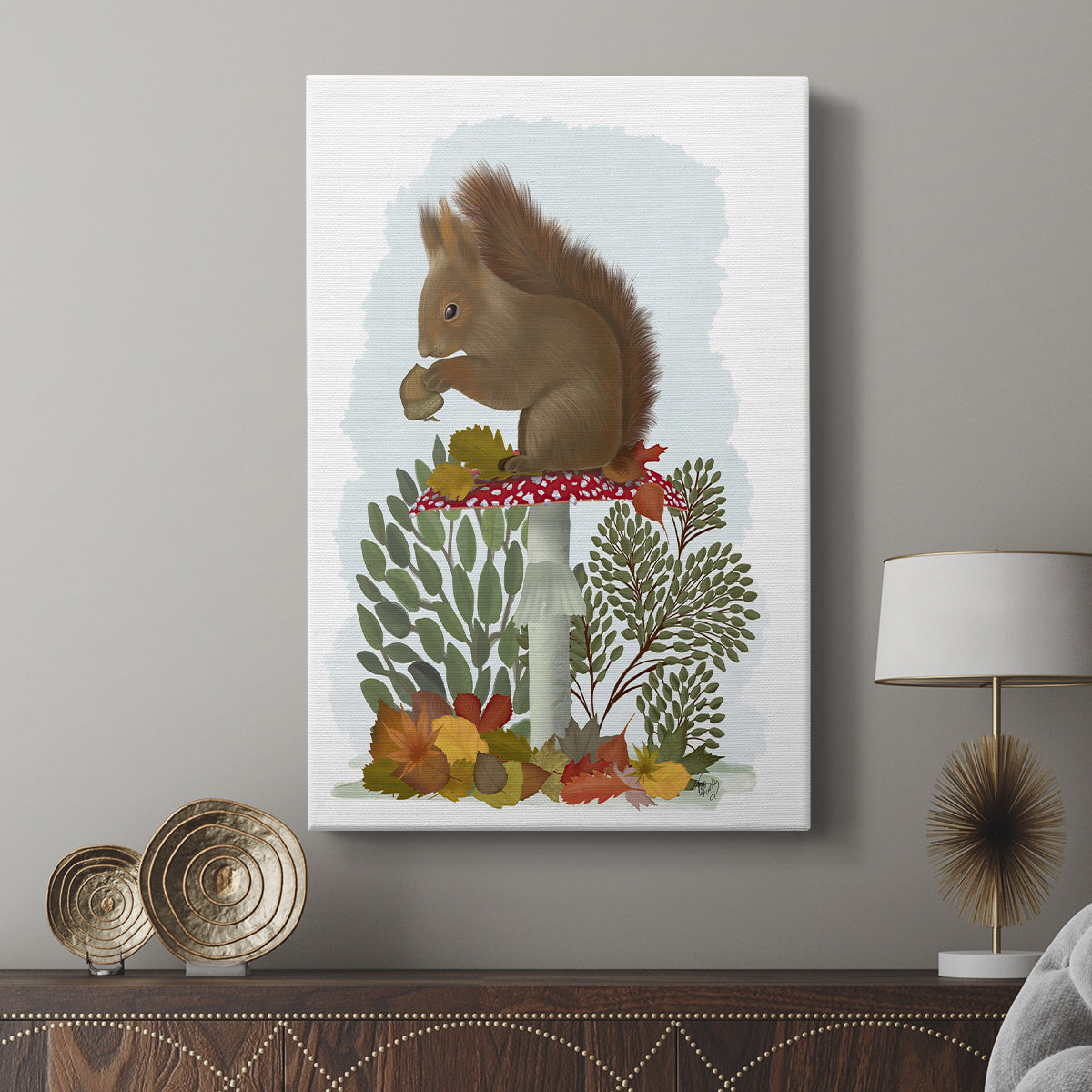 Red Squirrel On Mushroom - Canvas Art Print
