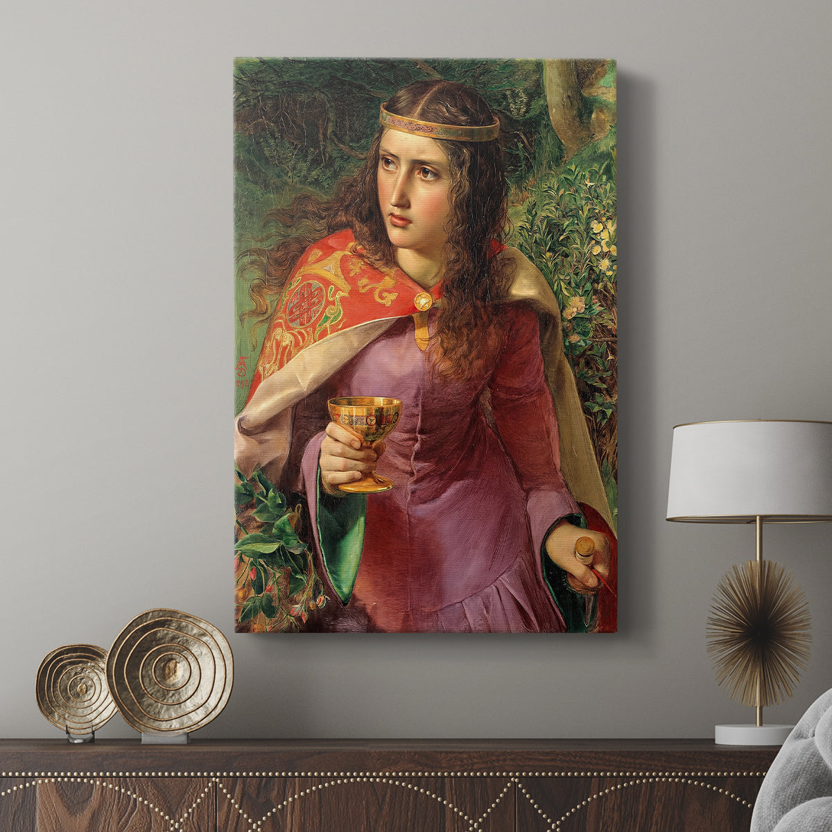 Canvas art print featuring a historical portrait with ornate design and bold tones displayed in a modern interior space.
