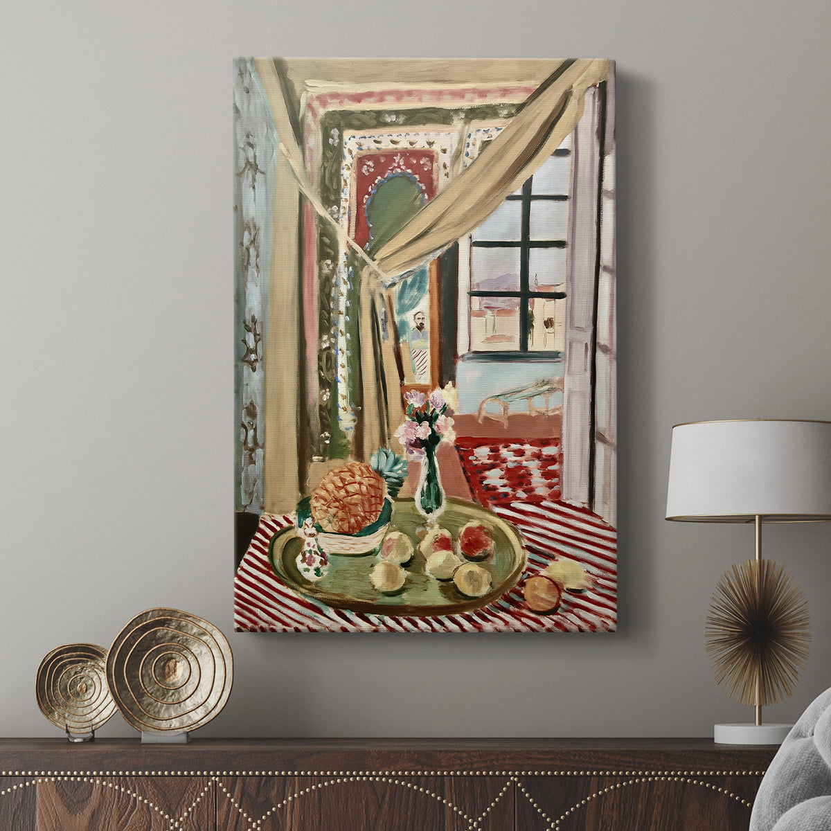 Canvas art print featuring a stylized still life with furniture and vibrant tones displayed in a modern interior space.