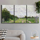 Three-panel canvas wall art featuring spring landscape with blossoming trees, displayed in a modern living room above a sofa.