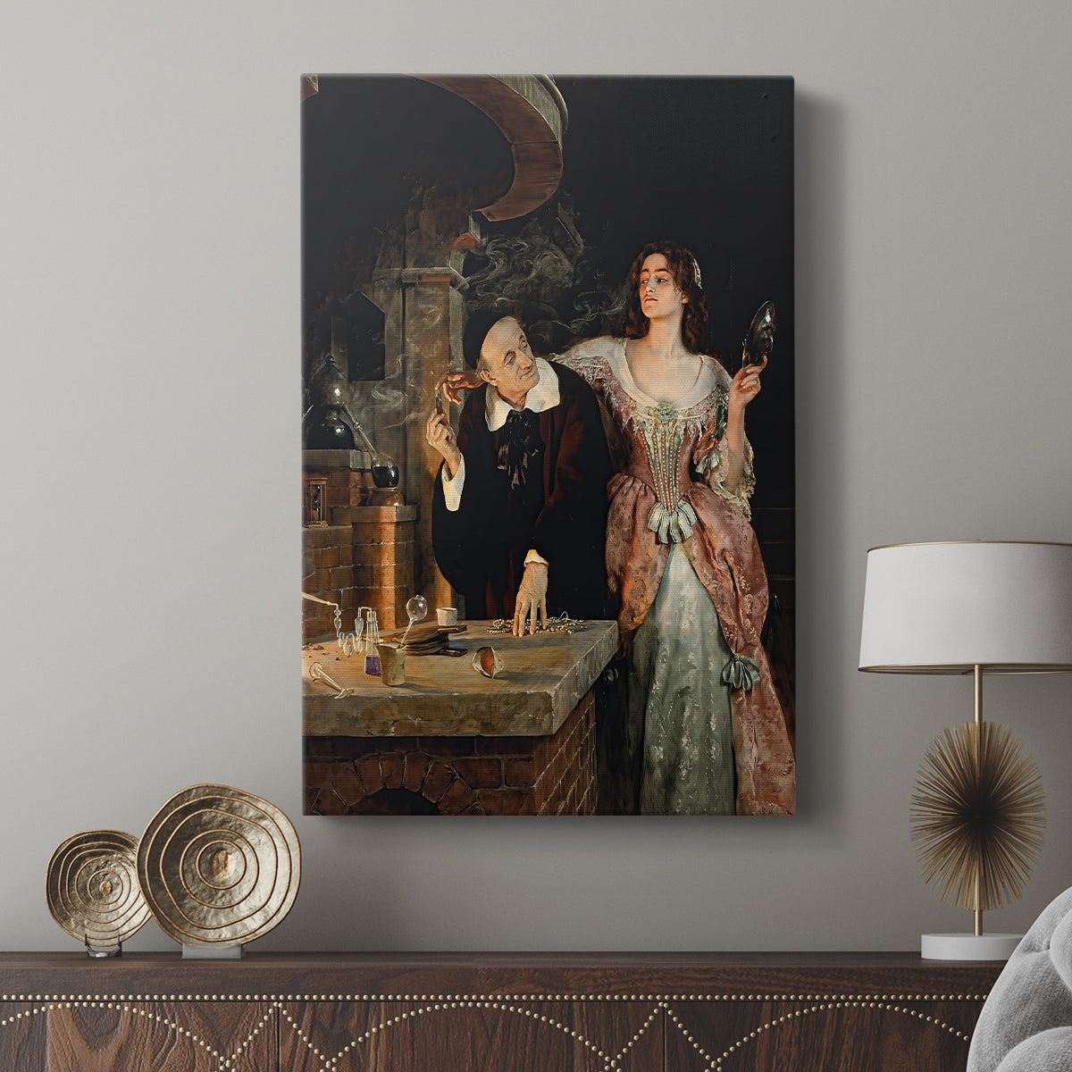 Canvas art print featuring a narrative composition with scientific activity and shadow displayed in a modern interior space.
