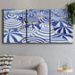 Three-panel canvas wall art featuring geometric abstract bowl forms, displayed in a modern living room above a sofa.
