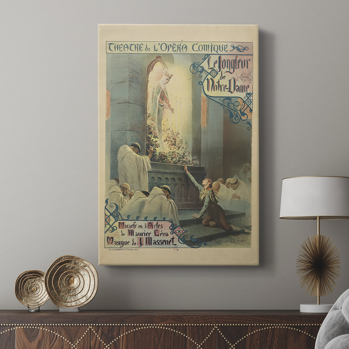 Canvas art print featuring a stylized poster with elegant lines and subtle color displayed in a modern interior space.