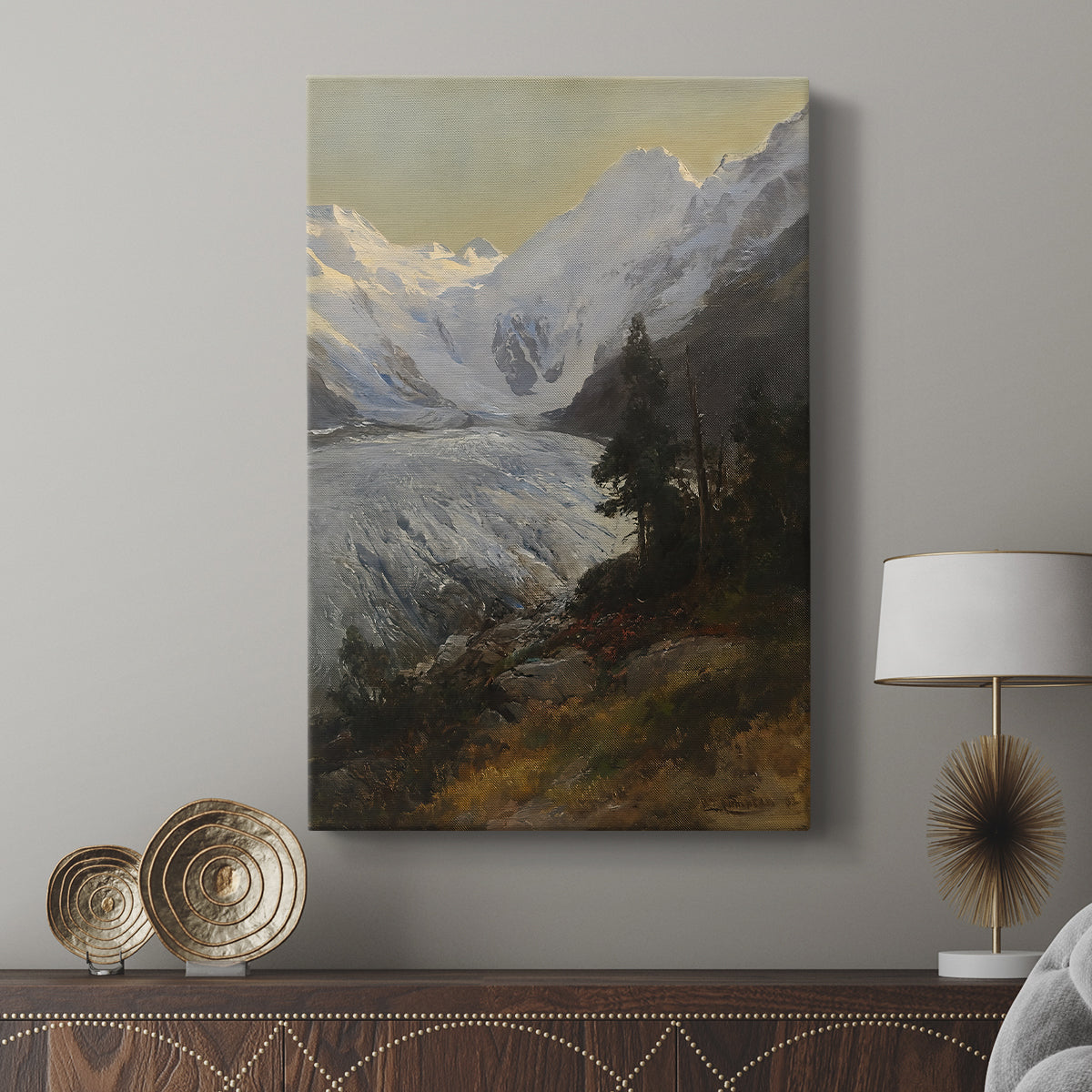 Canvas art print featuring a dramatic mountain view with crisp detail and natural light displayed in a modern interior space.