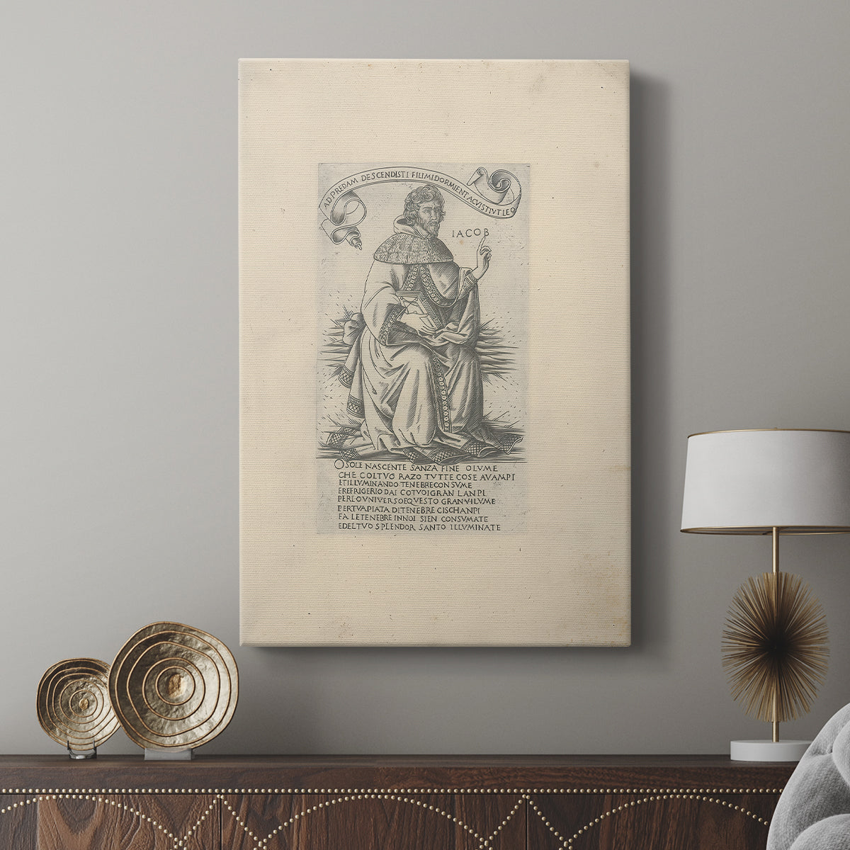 Canvas art print featuring a detailed illustration with subtle texture and minimal depth displayed in a modern interior space.